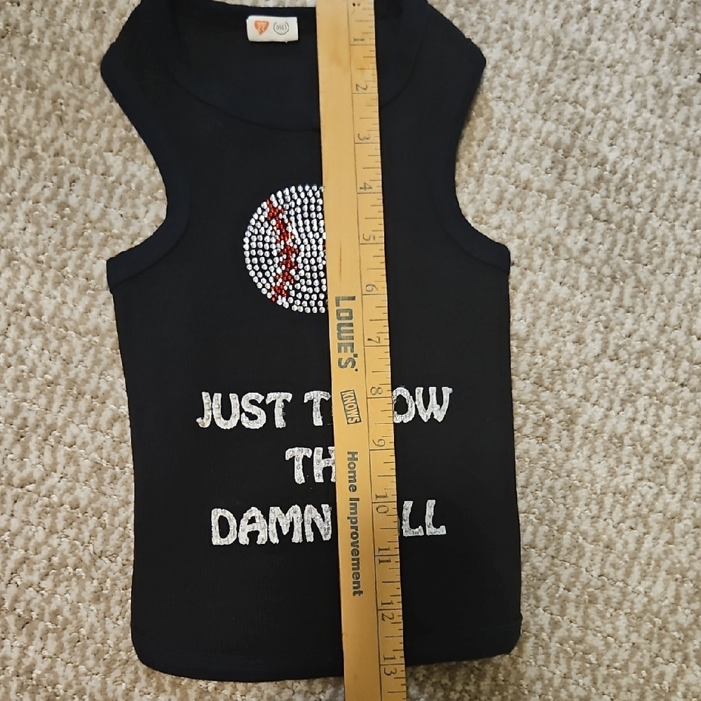 Small Dog Ribbed Tank Top w/ Rhinestone & Glitter Accents Baseball Design - Picture 5 of 6